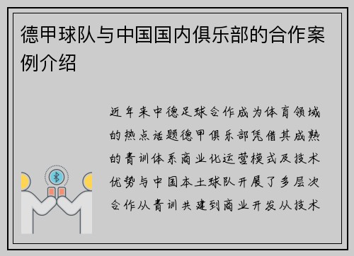德甲球队与中国国内俱乐部的合作案例介绍